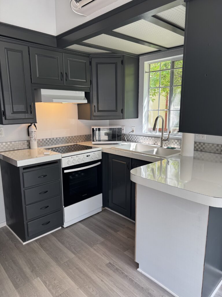 The kitchen. All new countertops and sink. Electric glass top stove,